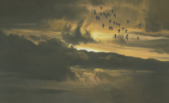 Flock of geese at sunset - oil painting for sale