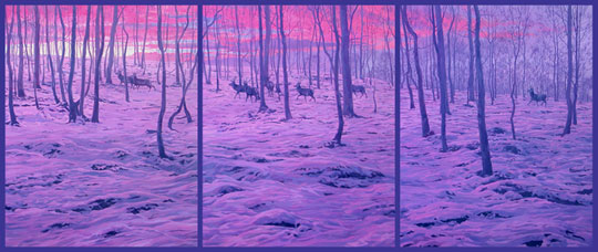 red deer  herd in snow triptych