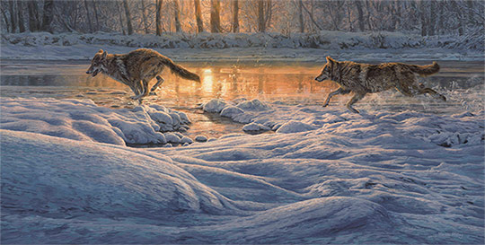 Running wolves in snow. Oil painting for sale