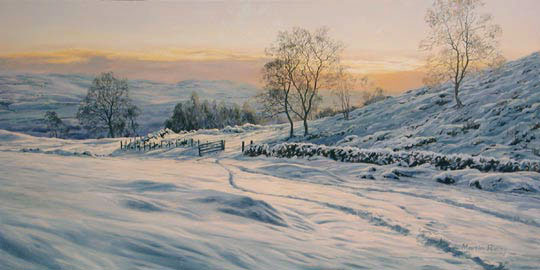 Scottish winter lanscape - snow scenes - print depicting sunset viewed across snow covered hills